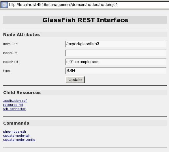 Screen capture showing the web page for the REST resource for managing a domain.