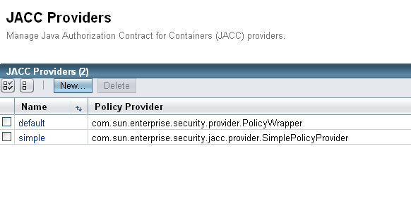 This screen shot shows the default JACC providers.